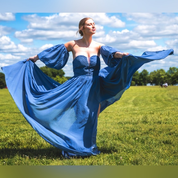 OFF SHOULDER TWO PIECE DETACHED CORSET BLUE PROM PHOTOSHOOT STRAPLESS SLIT DRESS - Picture 9 of 11